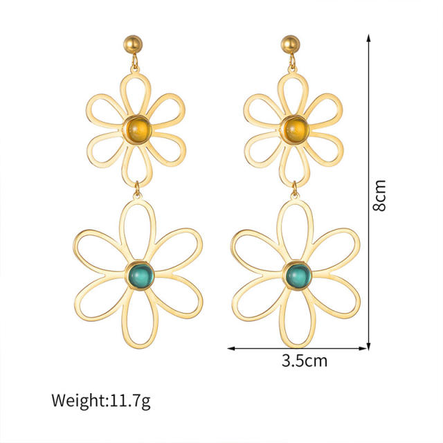 Spring summer natural stone opalstone statement hollow flower dangle earrings stainless steel earrings