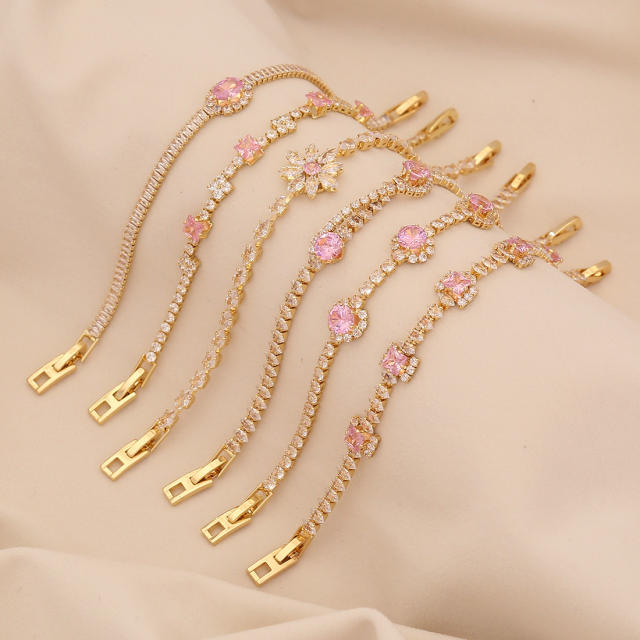 Pink cubic zircon luxury copper tennis bracelet for women