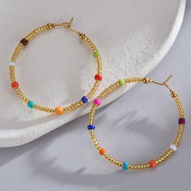 Boho colorful bead stainless steel hoop earrings