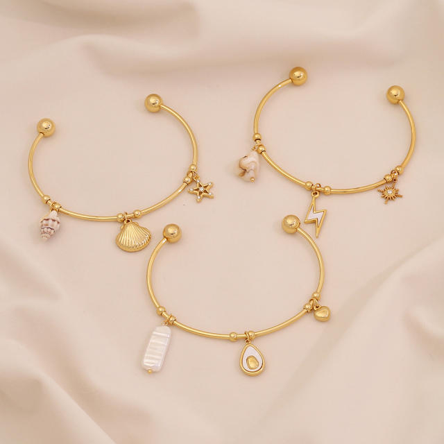 Summer ocean sereis imitation pearl starfish charm stainless steel bangle cuff bangle