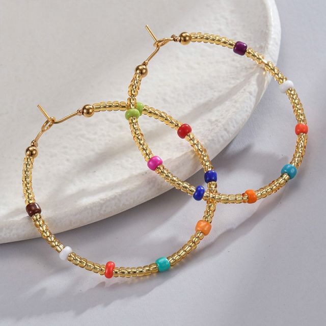 Boho colorful bead stainless steel hoop earrings