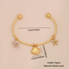Summer ocean sereis imitation pearl starfish charm stainless steel bangle cuff bangle