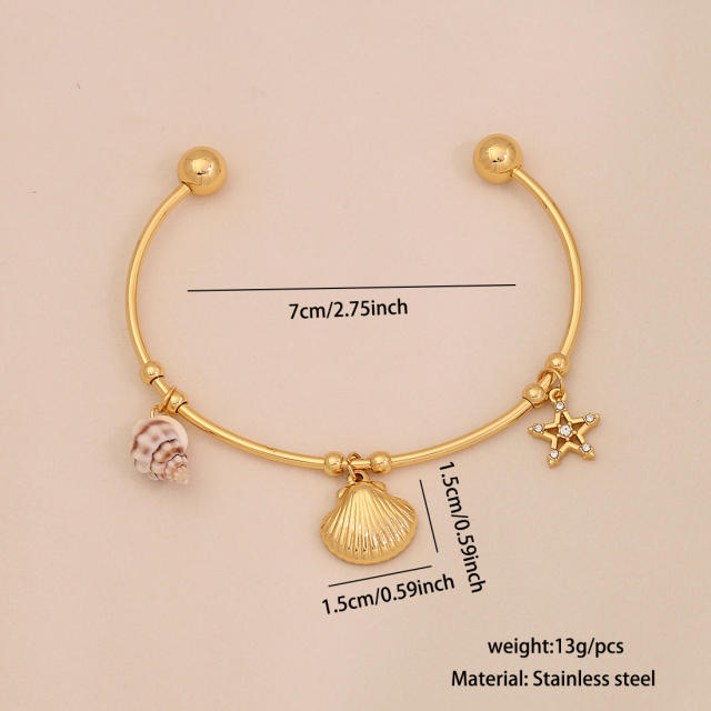 Summer ocean sereis imitation pearl starfish charm stainless steel bangle cuff bangle