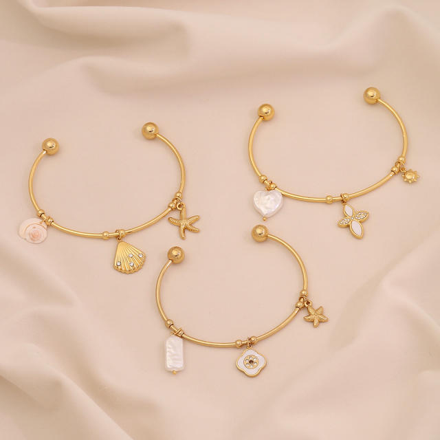 Summer ocean sereis imitation pearl starfish charm stainless steel bangle cuff bangle