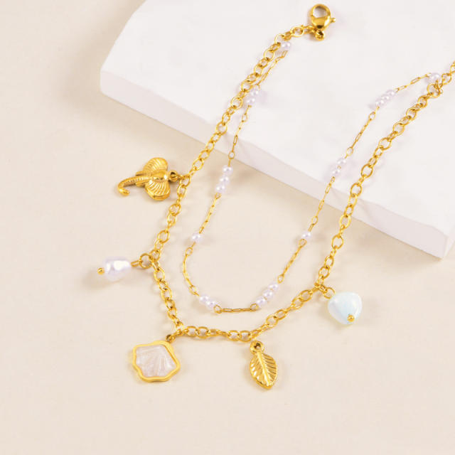 Korean fashion two layer pearl bead shell charm stainless steel anklet