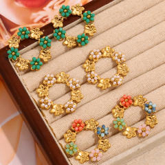18KG holiday round circle colorful bead flower stainless steel earrings