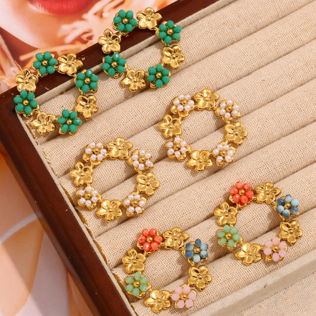18KG holiday round circle colorful bead flower stainless steel earrings