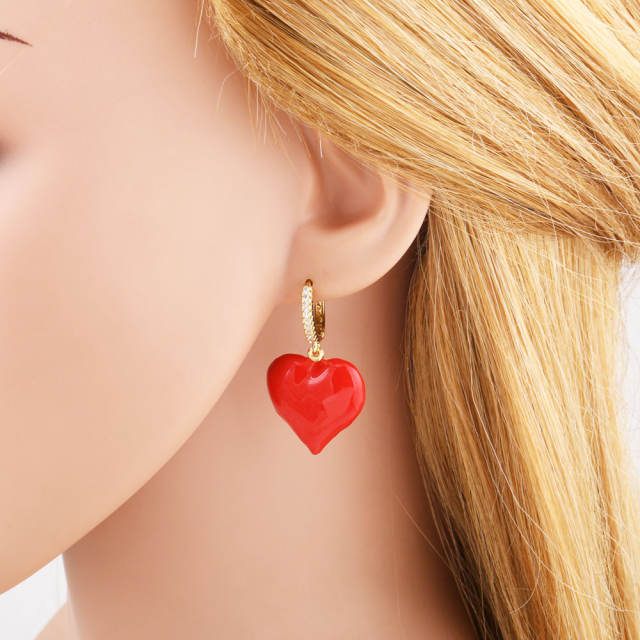 Hot sale red color enamel diamond heart copper earrings