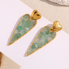 18KG natural stone bead green color heart dangle earrings stainless steel earrings