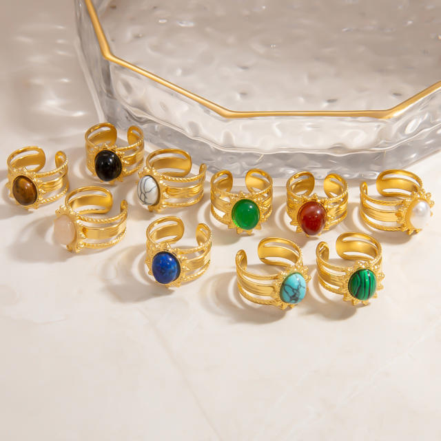18k gold plated oval natural stone stainless steel rings for women