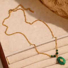 18KG malachite stone oval pendant stainless steel necklace