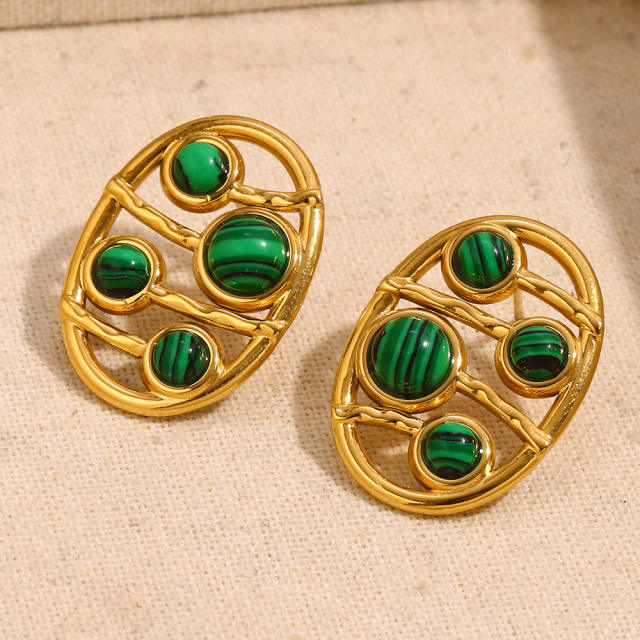 Boho malachite stone bead stainless steel earrings