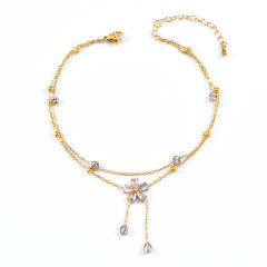 Korean fashion two layer diamond flower stainless steel anklet