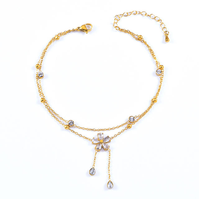Korean fashion two layer diamond flower stainless steel anklet