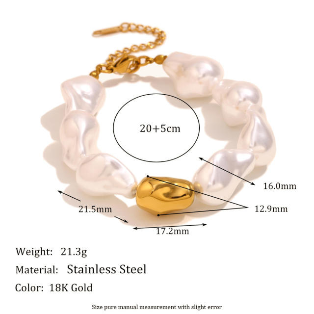 Vintage Stainless Steel Plated 18K Gold Baroque Imitation Pearl Bracelet Necklace for Women