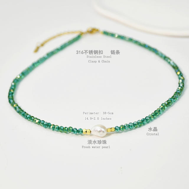 Spring Summer Color Crystal Beaded Necklace Women's Color-free Natural Freshwater Pearl Necklace