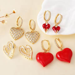 Hot sale red color enamel diamond heart copper earrings