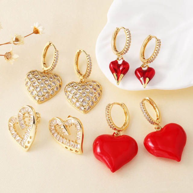Hot sale red color enamel diamond heart copper earrings