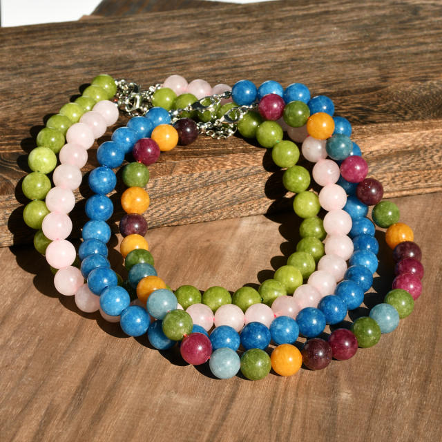 Spring New Multicolor 12mm Natural Stone Necklace Crystal Beaded necklace