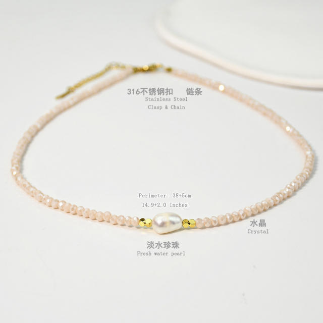 Spring Summer Color Crystal Beaded Necklace Women's Color-free Natural Freshwater Pearl Necklace