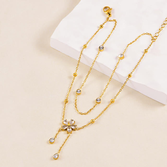 Korean fashion two layer diamond flower stainless steel anklet
