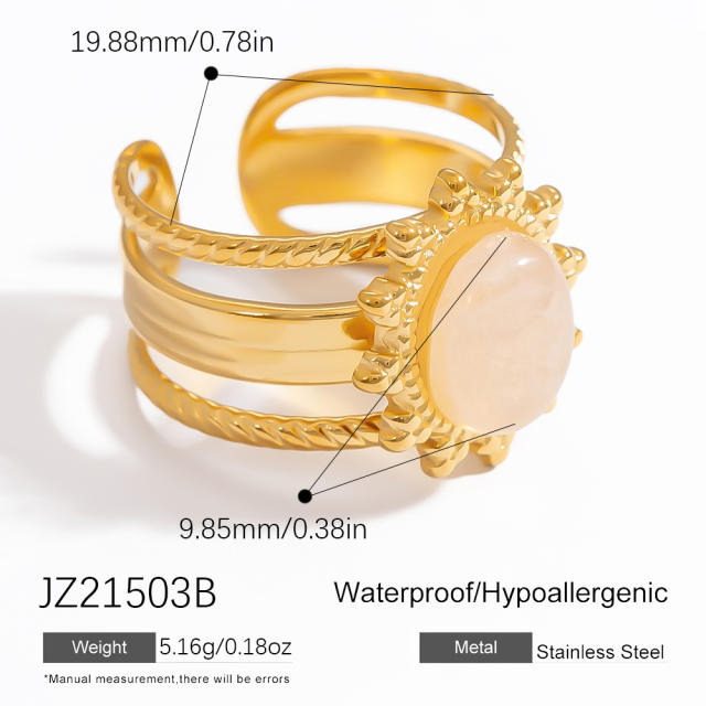 18k gold plated oval natural stone stainless steel rings for women