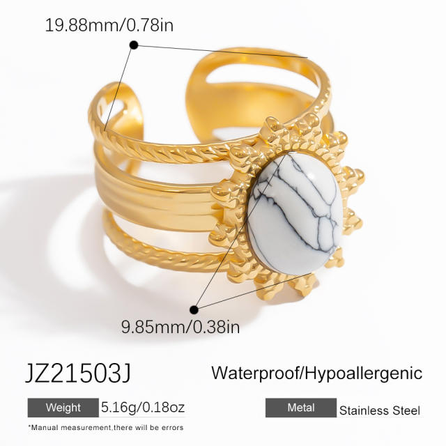 18k gold plated oval natural stone stainless steel rings for women