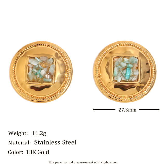 18KG natural stone round shape stainless steel earrings big earrings