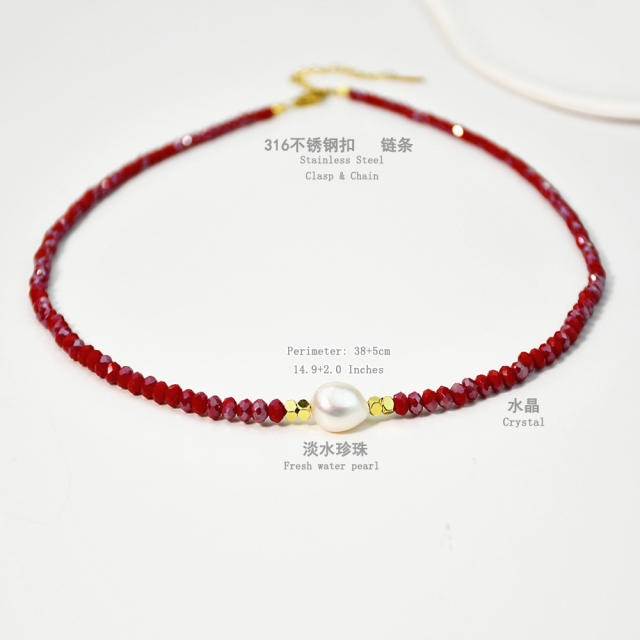 Spring Summer Color Crystal Beaded Necklace Women's Color-free Natural Freshwater Pearl Necklace