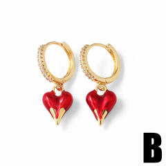 Hot sale red color enamel diamond heart copper earrings