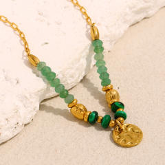 18KG coin pendant green stone bead stainless steel necklace