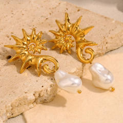 Stainless steel plated 18K gold seahorse baroque pearl earrings