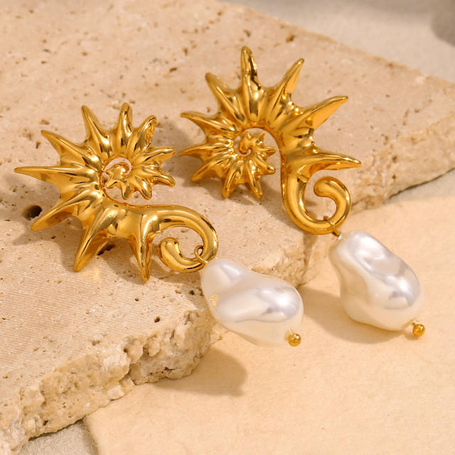 Stainless steel plated 18K gold seahorse baroque pearl earrings