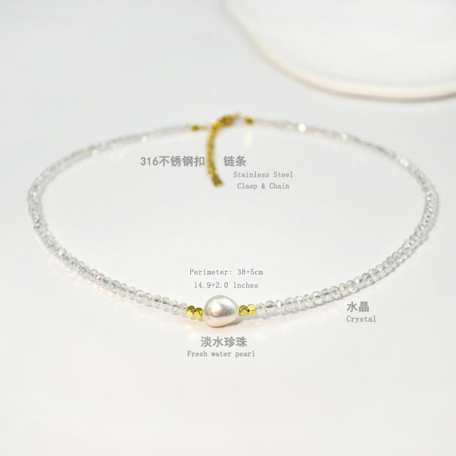 Spring Summer Color Crystal Beaded Necklace Women's Color-free Natural Freshwater Pearl Necklace