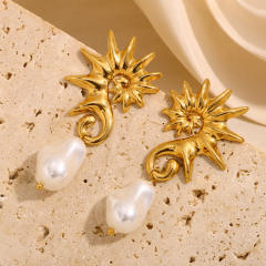 Stainless steel plated 18K gold seahorse baroque pearl earrings
