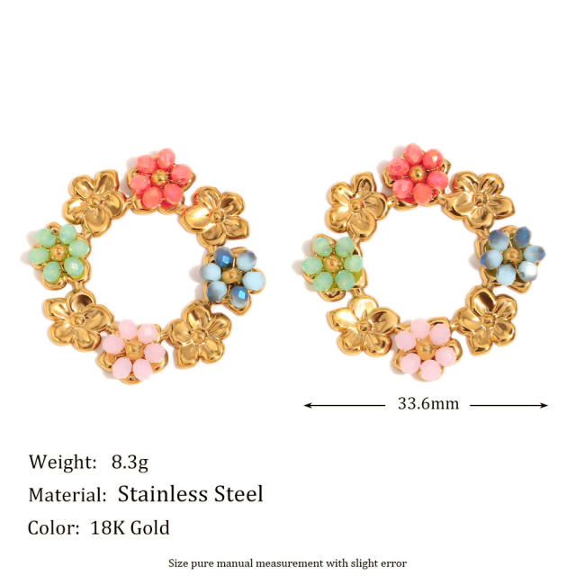 18KG holiday round circle colorful bead flower stainless steel earrings