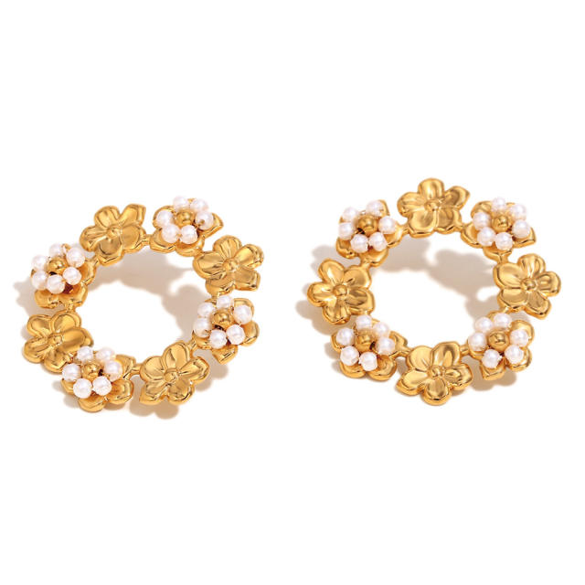18KG holiday round circle colorful bead flower stainless steel earrings