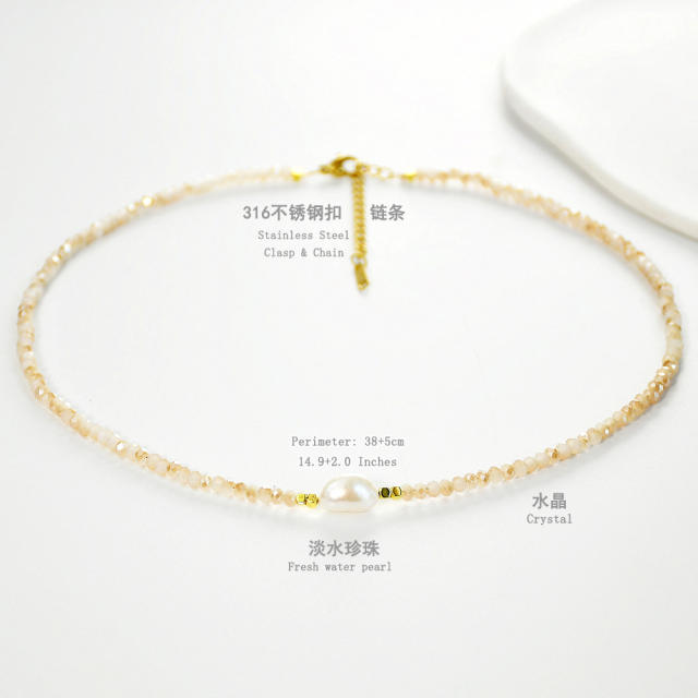 Spring Summer Color Crystal Beaded Necklace Women's Color-free Natural Freshwater Pearl Necklace