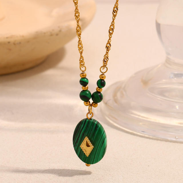 18KG malachite stone oval pendant stainless steel necklace