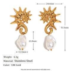 Stainless steel plated 18K gold seahorse baroque pearl earrings