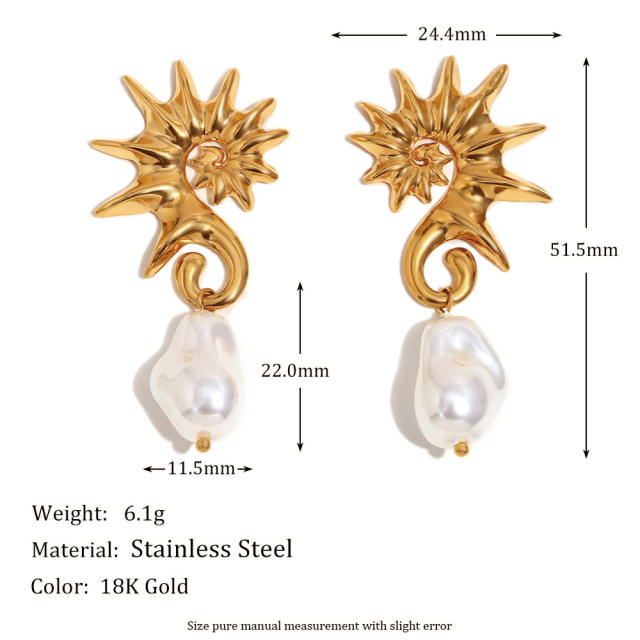 Stainless steel plated 18K gold seahorse baroque pearl earrings