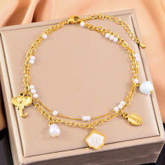 Korean fashion two layer pearl bead shell charm stainless steel anklet