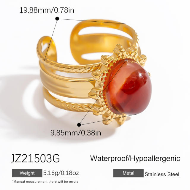 18k gold plated oval natural stone stainless steel rings for women