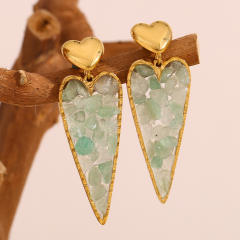 18KG natural stone bead green color heart dangle earrings stainless steel earrings
