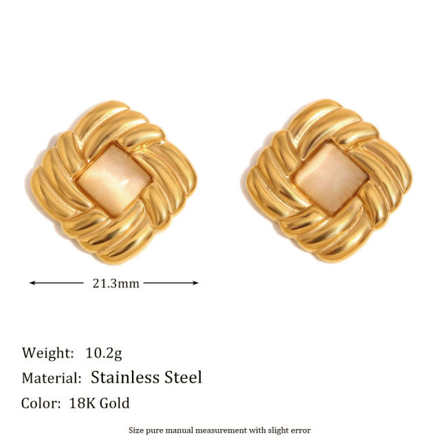 18KG opal stone statement square stainless steel earrings