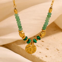 18KG coin pendant green stone bead stainless steel necklace