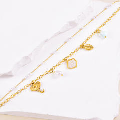 Korean fashion two layer pearl bead shell charm stainless steel anklet