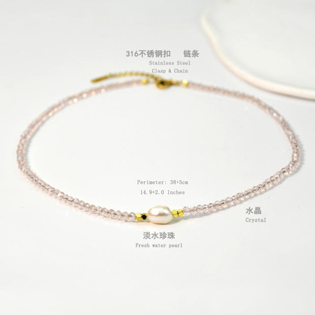 Spring Summer Color Crystal Beaded Necklace Women's Color-free Natural Freshwater Pearl Necklace