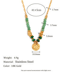 18KG coin pendant green stone bead stainless steel necklace