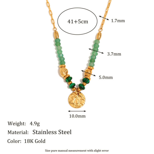 18KG coin pendant green stone bead stainless steel necklace